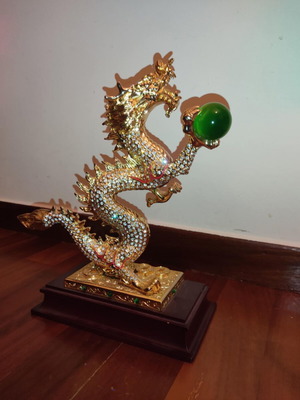 Feng Shui gold dragon statue used, decorative with green orb