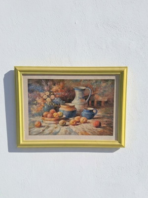 Vintage ελαιογραφία Νεκρή Φύση σε καμβά με χρυσή κορνίζα σαν καινούργιο