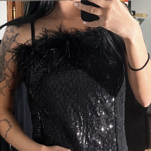 Zara black top with sequins and feathers, size Small, new