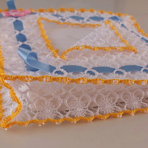 Handmade knitted napkin holder with lace and ribbon, like new