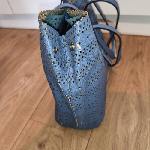 Hunter tote bag, blue, perforated details, detachable inner pouch