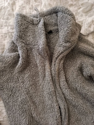 Fuzzy gray cardigan used, size S with thumb holes on sleeves