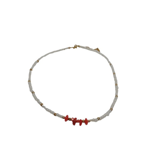 Necklace new with white beads, steel beads and red coral
