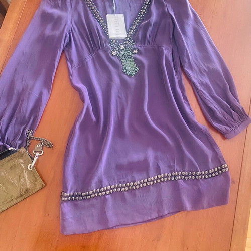 Lynn Adler silk dress new, size S, purple with bead embroidery