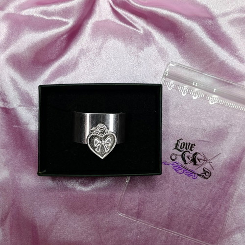 Love X Poison Handmade Stainless Steel Silver Ring with Ribbon Heart Charm