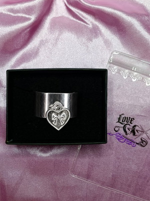 Love X Poison Handmade Stainless Steel Silver Ring with Ribbon Heart Charm