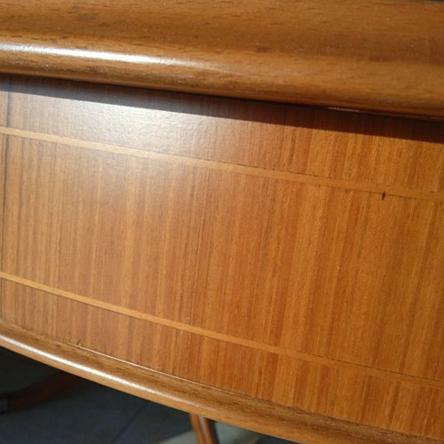 Marquetry round dining table 1950s, refurbished, extension, 110cm diameter