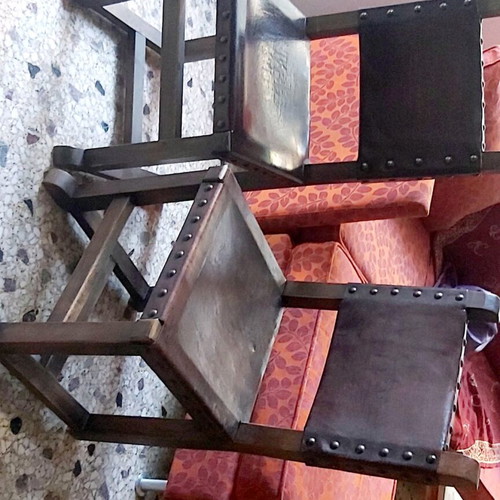 Chairs set of 2 made of solid walnut wood with genuine calf leather like new