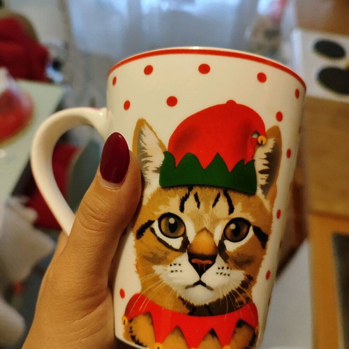Porcelain polka dot mug Christopher Vine with cat used