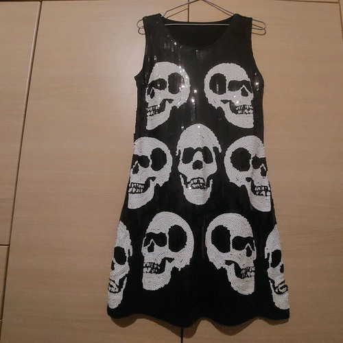 Rock dress black sequin with white skulls like new