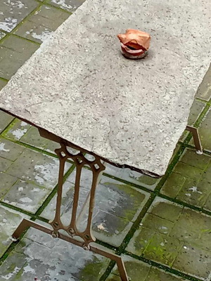 CAST IRON TABLE WITH STONE SURFACE-