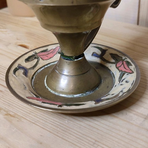 Candle Holder Incense Burner vintage solid brass with hand-painted design