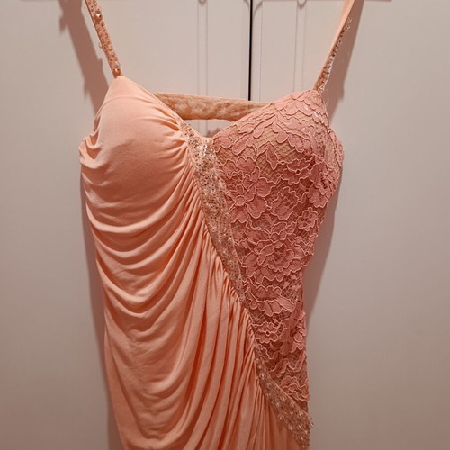 Evening dress Maestri silk peach long with slit and open back like new size small