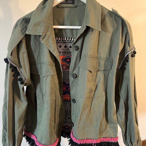 Zara olive green denim jacket like new with back design, lightweight