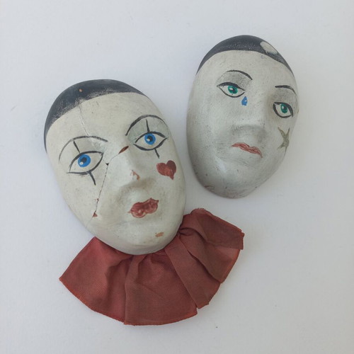 Pair of old used Pierrot masks handmade ceramic