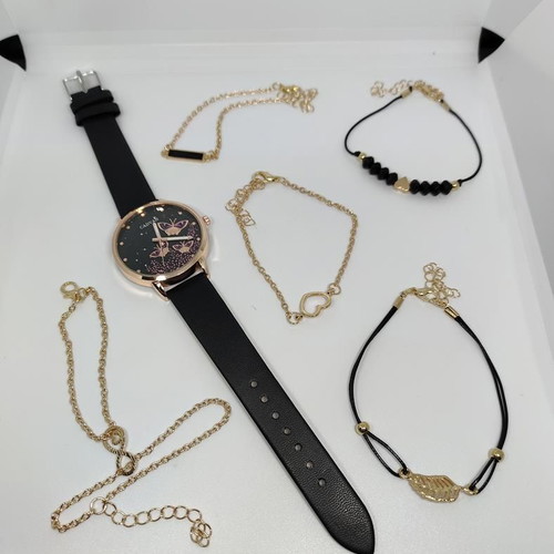 Women's watch set with butterflies and 5 matching bracelets new, black