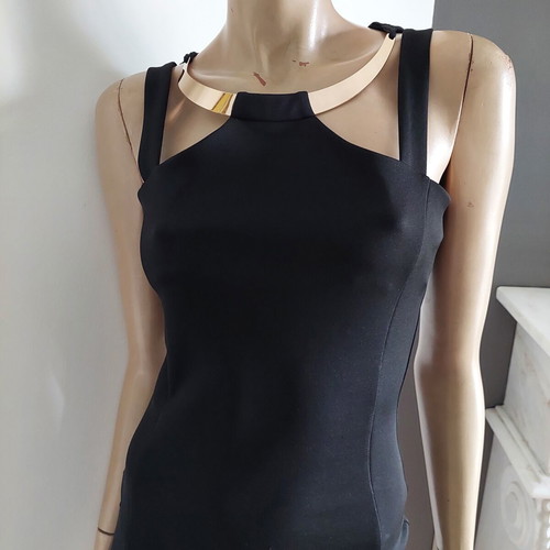 Jane Norman black mini dress with gold metal neckline small, like new