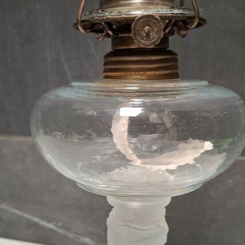 Antique Satin Glass Duncan Three Face Oil Lamp used, c. 1878