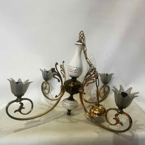 Vintage ceiling light brass with porcelain details used