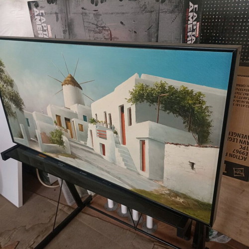 Large oil painting on canvas 101×51 cm Cycladic landscape with windmill like new