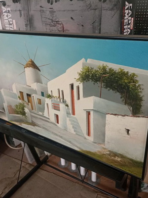 Large oil painting on canvas 101×51 cm Cycladic landscape with windmill like new