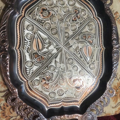 Copper decorative handmade plate with embossed oriental motifs