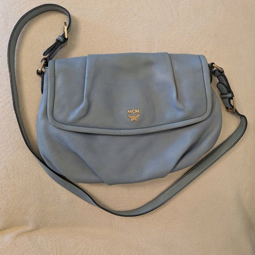 MCM shoulder bag used, leather, turquoise, 35x23 cm