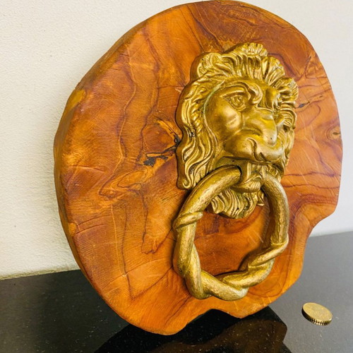Bronze door knocker used with lion head and wooden base