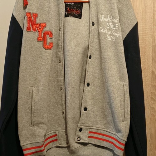Varsity Jacket used, gray and dark blue, medium/large size
