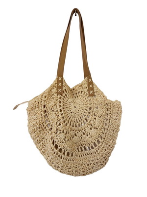 Boho round woven straw shoulder bag used, beige