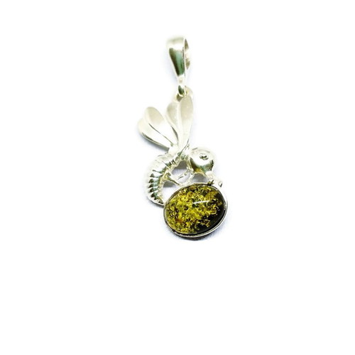Silver bee pendant new with green amber 925°