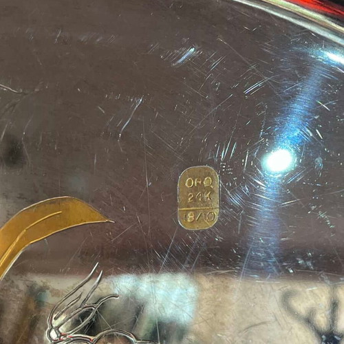 Vintage oval serving tray stainless steel 18/10 with 24K gold details used
