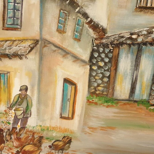 Handmade painting Life in the village new, large canvas 70x50