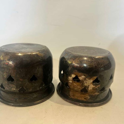 Vintage set of 2 silver-plated tealight candle holders with heart cutouts used