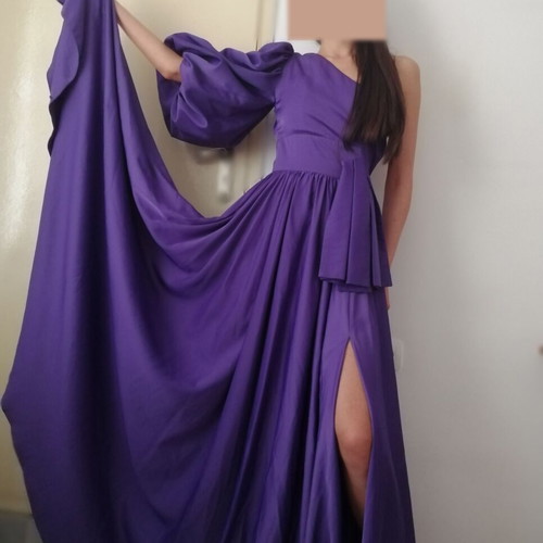 Actualee long purple evening dress XS with one shoulder and puff sleeve
