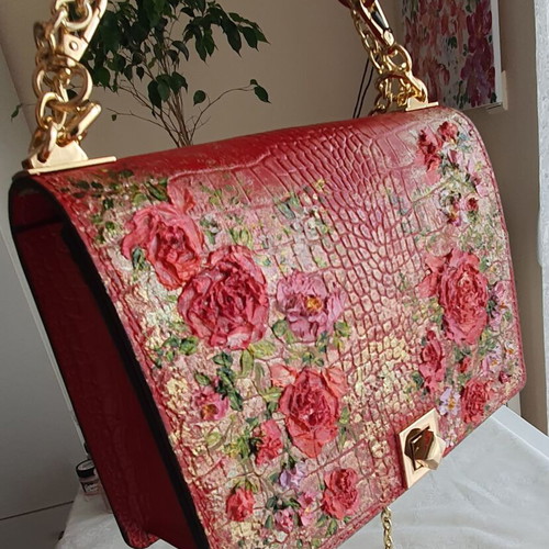 Leather crossbody bag red with hand-painted floral design new