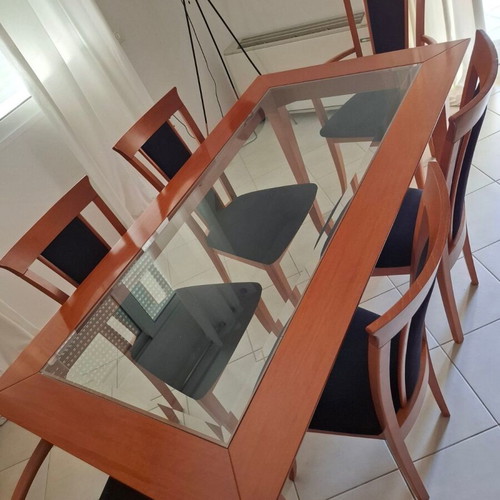 Dining set cherry wood and glass table with 6 chairs like new