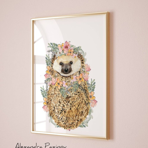 Children's Poster Hedgehog New with Flowers