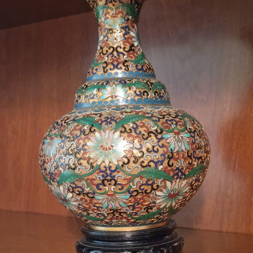 Chinese Cloisonné vase with wooden base