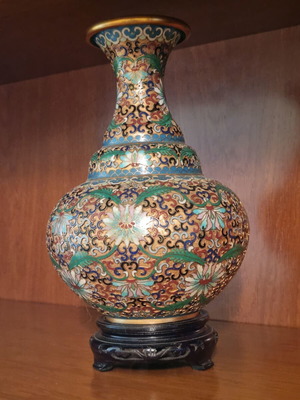 Chinese Cloisonné vase with wooden base