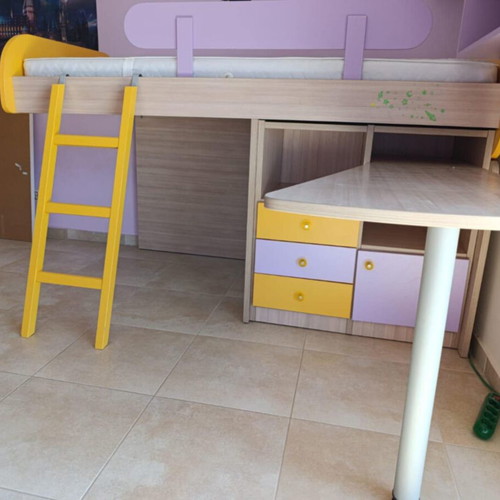 Bunk bed with mattress, desk and wall shelf used