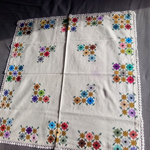 Vintage handmade tablecloth with colorful embroidered flowers like new