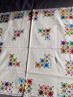 Vintage handmade tablecloth with colorful embroidered flowers like new