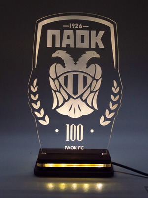 PAOK 100 Years LED Lamp New with Wooden Base and Plexiglass