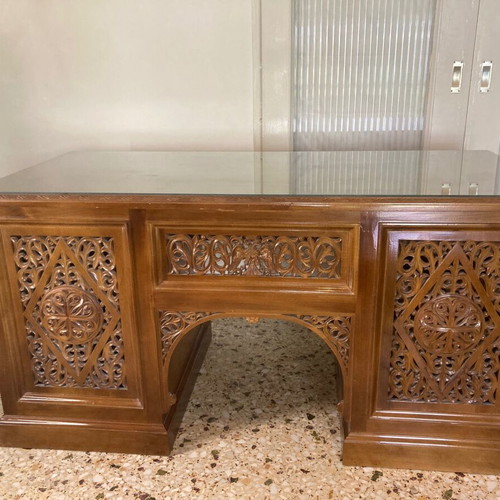 Wooden carved solid desk with drawers and glass like new
