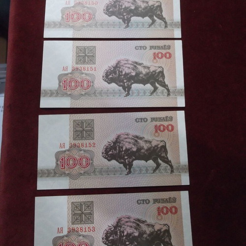 Belarus 100 Rubles 1992 UNC banknotes with European Wisent, set of 4 new