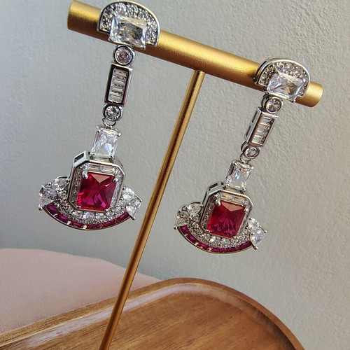 Long earrings with zirconia, like new, red and silver