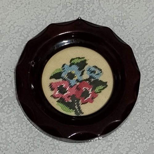 Small round embroidered picture with peonies vintage like new