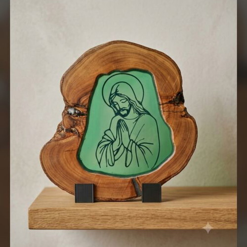 Handmade religious icon on natural wood slice with resin finish