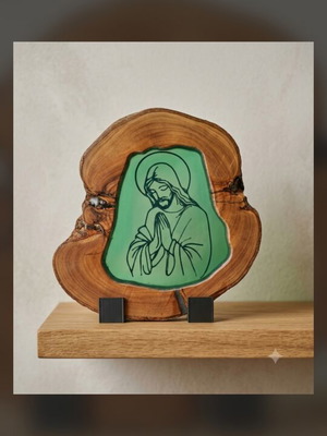 Handmade religious icon on natural wood slice with resin finish